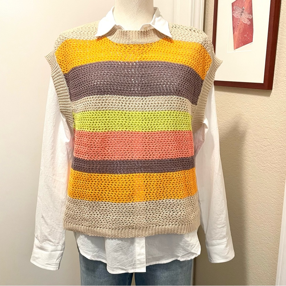 Striped Multicolor Knit Sweater Vest Sz M